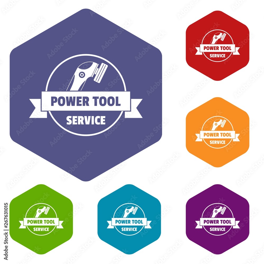 Power tool car icons vector colorful hexahedron set collection isolated on white 