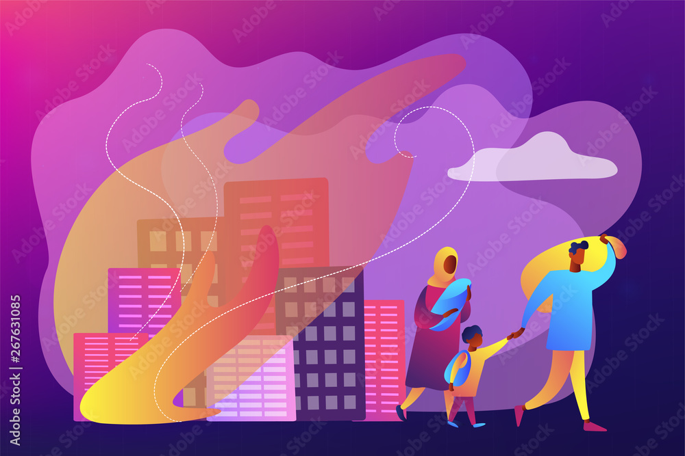 Tiny people refugee migrant family in destroyed city searching for new home. Refugees people, refugee crisis, forced displaced people concept. Bright vibrant violet vector isolated illustration