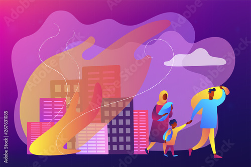 Tiny people refugee migrant family in destroyed city searching for new home. Refugees people, refugee crisis, forced displaced people concept. Bright vibrant violet vector isolated illustration