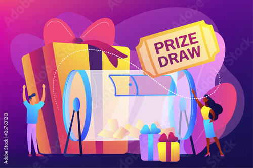 Lucky tiny people turning raffle drum with tickets and winning prize gift boxes. Prize draw, online random draw, promotional marketing concept. Bright vibrant violet vector isolated illustration