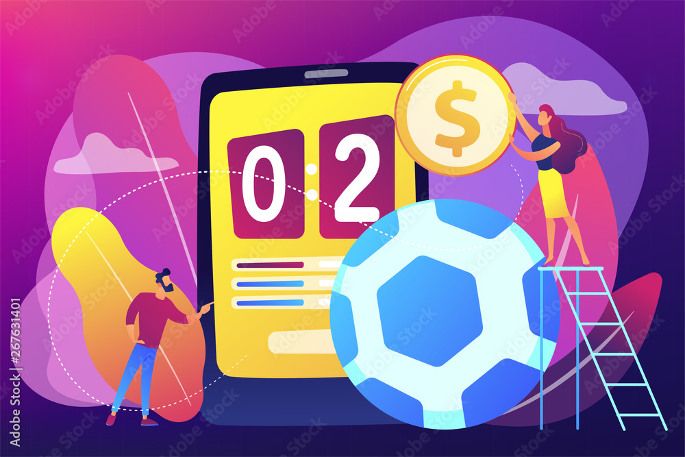Tiny people, businessman betting on football and bookmaker at big smartphone with score. Sports betting, bookmaker market, sports wagering concept. Bright vibrant violet vector isolated illustration - obrazy, fototapety, plakaty 