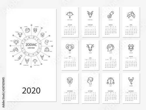 Calendar 2020 with horoscope signs zodiac symbols set