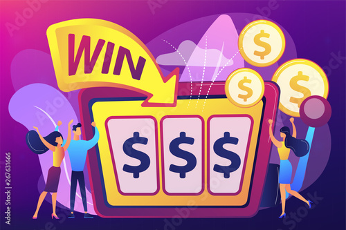 Lucky tiny people gambling and winning money at slot machine with dollar sign. Slot machine, money game winner, jackpot win concept. Bright vibrant violet vector isolated illustration