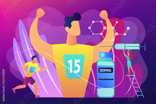 Nurse with syringe doing a doping injection to champion athlete, tiny people. Doping test, performance-enhancing drugs, doping use in sport concept. Bright vibrant violet vector isolated illustration