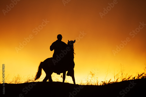 Silhouette of rider on horseback and beautiful orange sunset