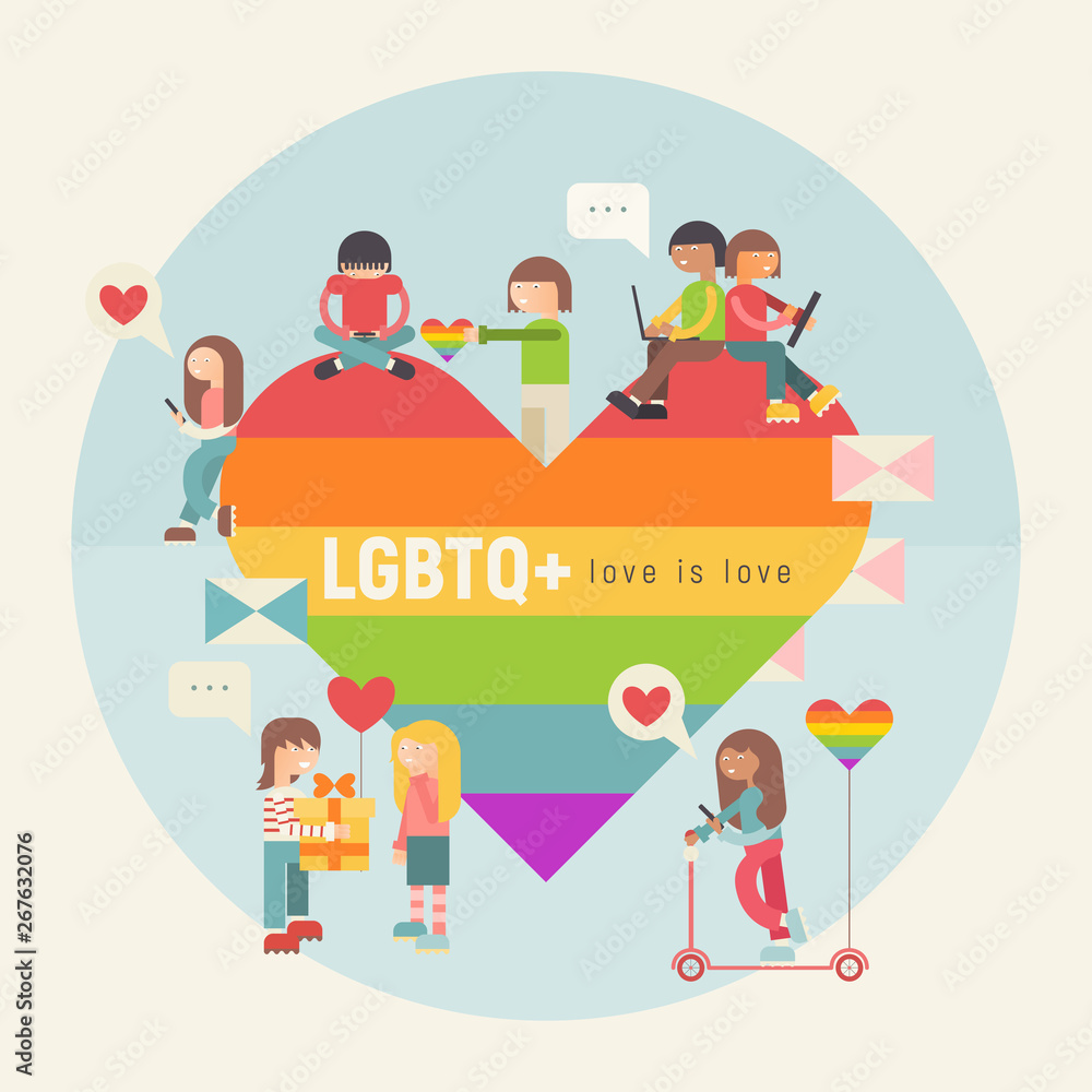 LGBT People Community Poster. LGBTQ Group of Cartoon Cute People is near Huge Rainbow Heart. Human rights. Vector Illustration. Emblem for Love Parade or Online Dating. LGBT People Community Poster. LGBTQ Group of Cartoon Cute People is near Huge Rainbow Heart. Human rights. Vector Illustration. Emblem for Love Parade or Online Dating.