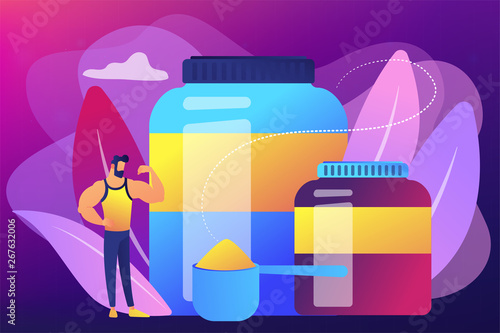 Bodybuilder with sports nutrition plastic containers with protein powder. Sports nutrition, sports supplements, ergogenic aids use concept. Bright vibrant violet vector isolated illustration