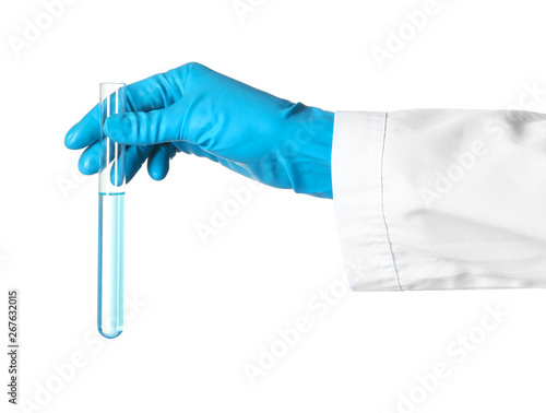 Scientist holding test tube with liquid on white background. Chemical research