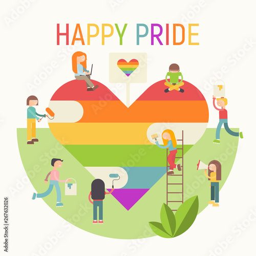 LGBT People Community Poster - Happy Pride. LGBTQ Group of Cartoon Cute People is painting Huge Rainbow Heart. Human rights. Vector Illustration. Emblem for Love Parade or Online Dating.
