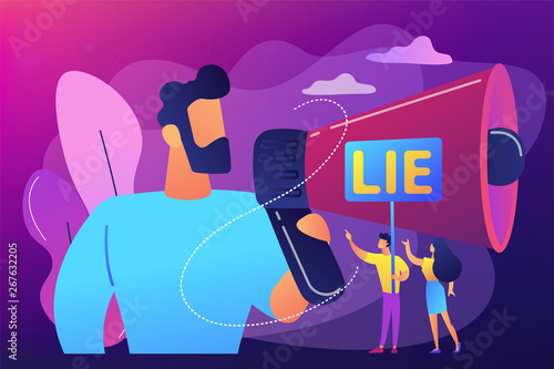 Businessman with huge megaphone cheating and tiny people holding word lie. Cheating in competition, cheater person, game cheats use concept. Bright vibrant violet vector isolated illustration