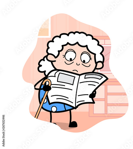 Reading Newspaper - Old Woman Cartoon Granny Vector Illustration