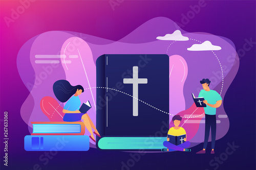 Tiny people christians reading the Holy Bible and learning about Christ. Holy Bible, sacred holy book, the word of God concept. Bright vibrant violet vector isolated illustration