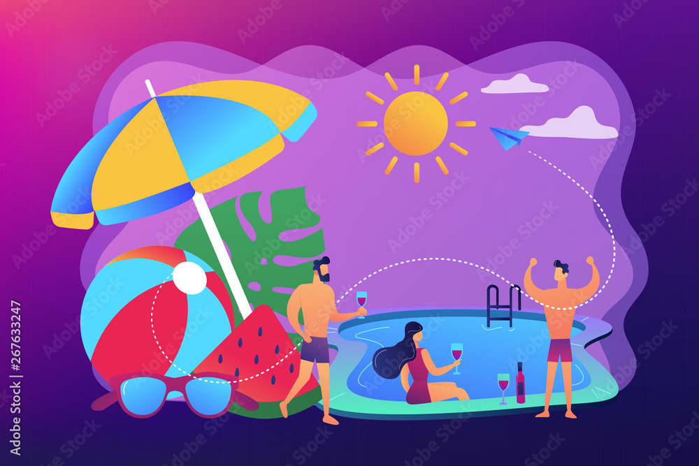 Young tiny people with parasol and ball at the swimming pool have fun drinking wine. Pool party, dance swim drink, swimming pool activity concept. Bright vibrant violet vector isolated illustration