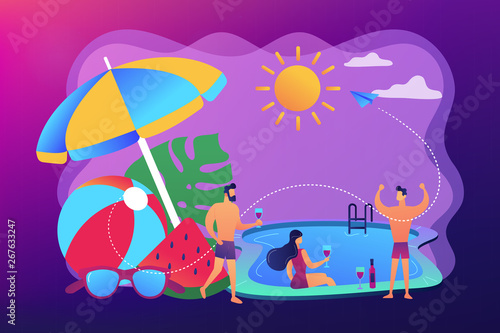 Young tiny people with parasol and ball at the swimming pool have fun drinking wine. Pool party  dance swim drink  swimming pool activity concept. Bright vibrant violet vector isolated illustration