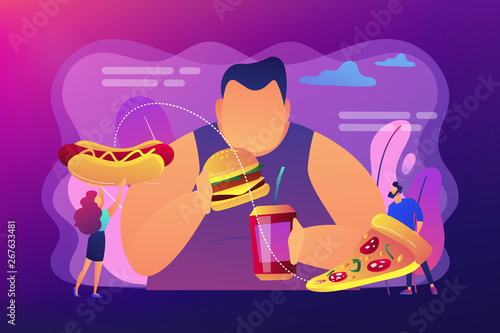 Overweight man eating burger, tiny people giving fast food. Overeating addiction, binge eating disorder, compulsive overeating treatment concept. Bright vibrant violet vector isolated illustration