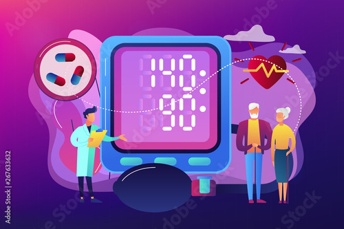 Doctor, elderly couple at tonometer hight blood pressure, tiny people. High blood pressure, hypertension disease, blood pressure control concept. Bright vibrant violet vector isolated illustration