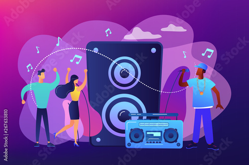 Hip hop singer with microphone at music speaker and tiny people dancing at concert. Hip hop music, hip hop party, RAP music classes concept. Bright vibrant violet vector isolated illustration
