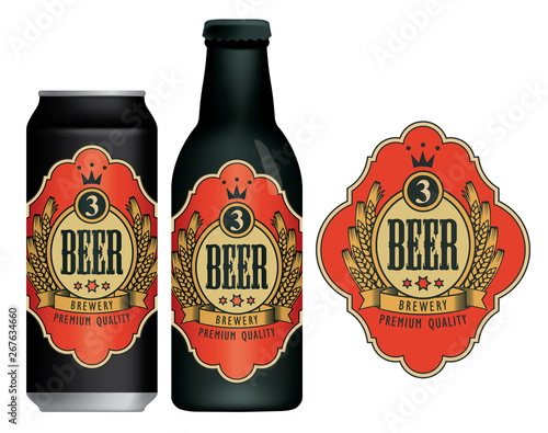 Vector beer label with coat of arms, wreath of wheat and ribbon in figured frame on a red background in retro style. Sample beer label on beer can and beer bottle