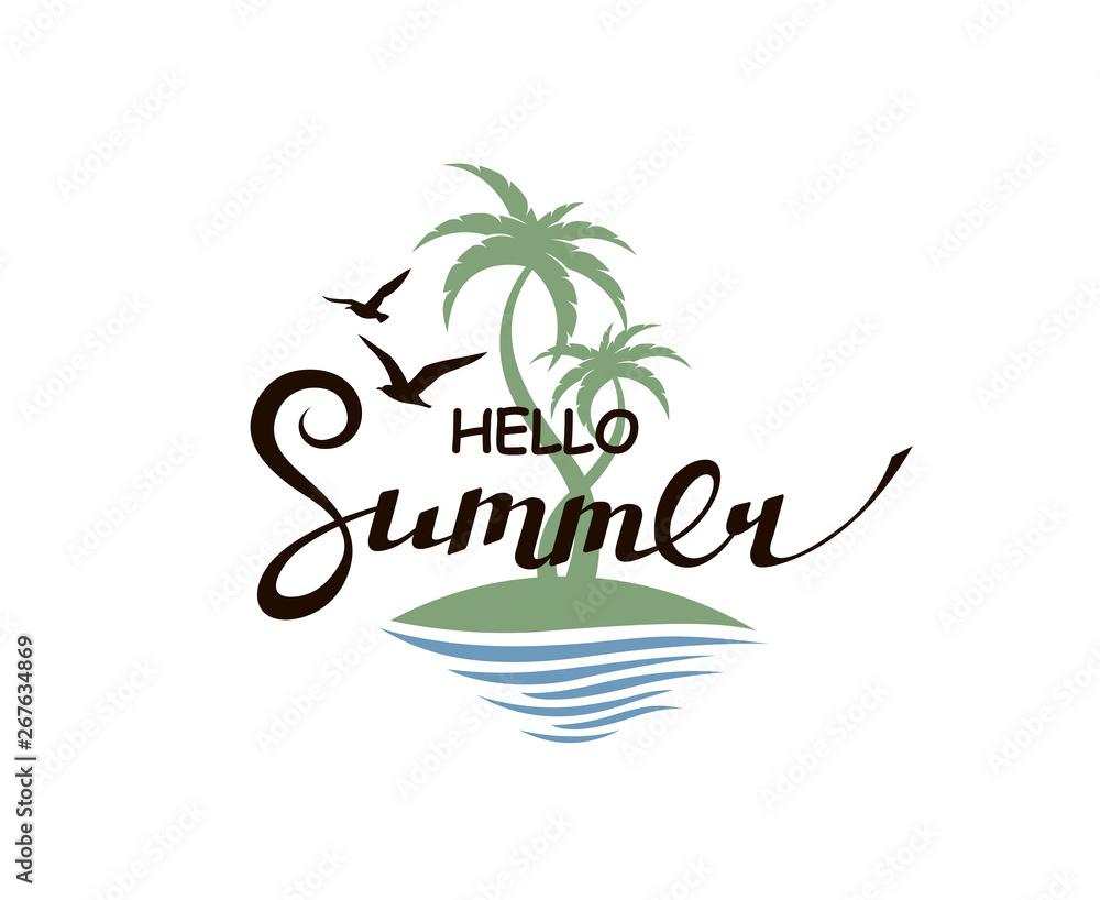 emblem of hello summer lettering with beach isolated on white background