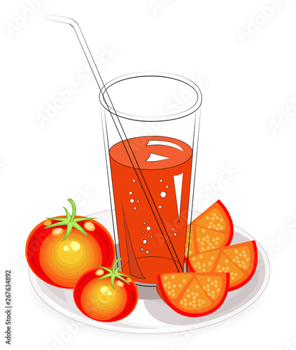 Glasses of natural tomato juice. Tomato and sliced vegetable on a plate. Vector illustration, set