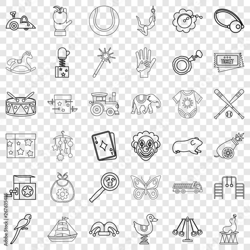 Toy icons set. Outline style of 36 toy vector icons for web for any design