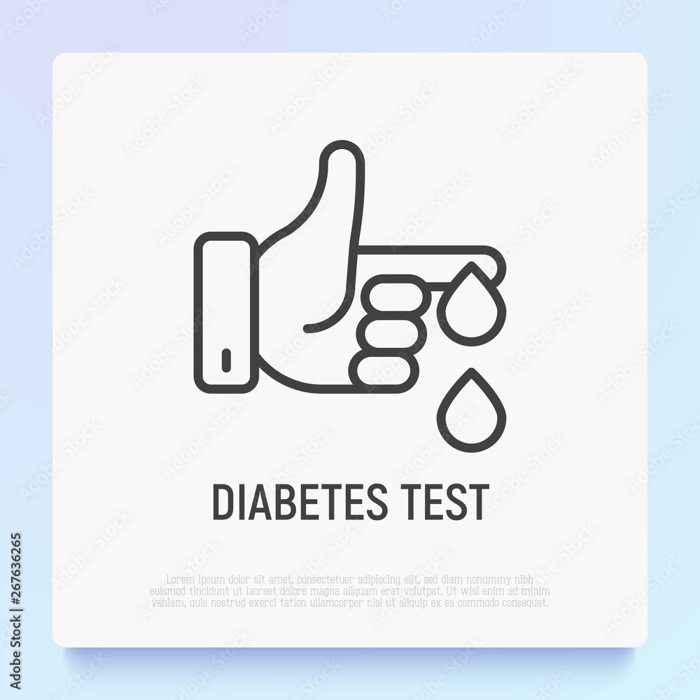 Diabetes test thin line icon: drop of blood from finger. Modern vector illustration of laboratory research.