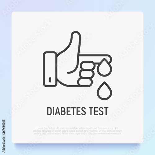Diabetes test thin line icon: drop of blood from finger. Modern vector illustration of laboratory research.