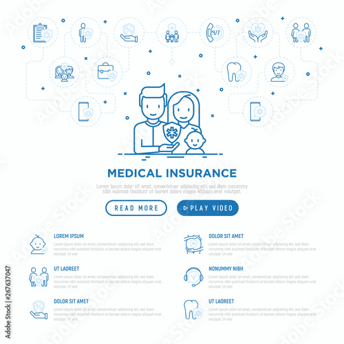 Family medical insurance web page template. Thin line icons: policy, life insurance, psychological support, maternity program, 24/7 support, mobile app, telemedicine. Modern vector illustration.