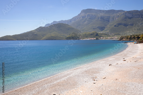 Amazing landscape of the Agia Kyriaki beach in the Kiparissi Lakonia village, Peloponnese, Zorakas Bay, Greece, May 2019.