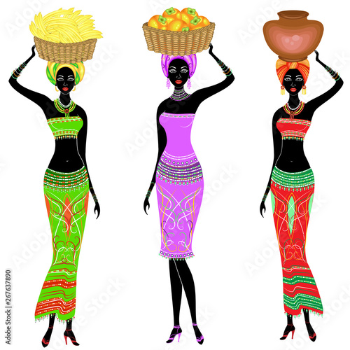 Collection. A slender African-American lady. The girl carries a basket on her head with oranges, bananas, pots. Women are beautiful and young. Vector illustration set