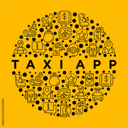 Taxi app concept in circle with thin line icons: payment method, promocode, app settings, info, support service, phone number, pointer, airport transfer, baby seat. Vector illustration for print media