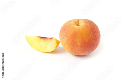 Fresh peach full and slice fruit isolated on white background