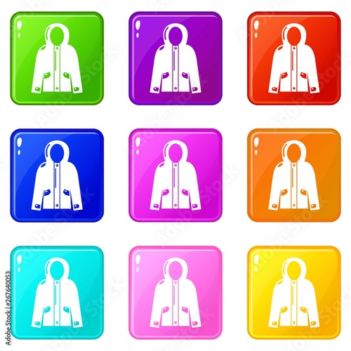 Hooded jacket icons set 9 color collection isolated on white for any design