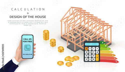 Isometric property investment concept. Golden money coins stack with timber frame wooden house and hand holding smartphone. Home mortgage, loan, insurance. Design template for banner, poster. Vector