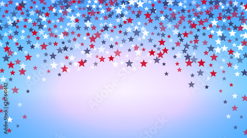 4th of July holiday background with red, blue, white stars confetti. American Independence Day banner, poster, greeting card design. Memorial or veterans day. Space for text. Vector illustration