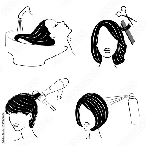 Collection. Lady in a beauty salon. The girl does her hair. A woman washes her hair, cuts her hair, dries her hair dryer, varnishes. Vector illustration set