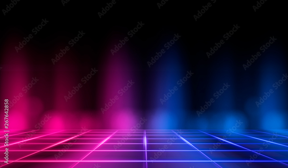 Empty stage, neon lights, spotlights and rays. Dark background and neon  light. Night view, urban background. Stock Illustration | Adobe Stock