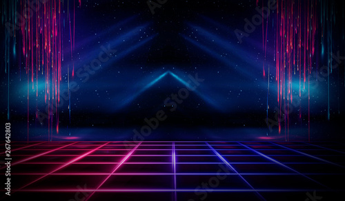 Fotografie, Obraz Empty stage, neon lights, spotlights and rays