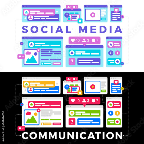 Vector illustration of a social media communication concept. The word social media with colorful cross-platform browser windows.