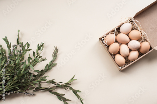 Closeup Raw fresh organic farm chicken eggs, brown color, in craft box with a eucalyptus twig  on a light background  , banner, Flat lay. Natural eco Happy Easter card.