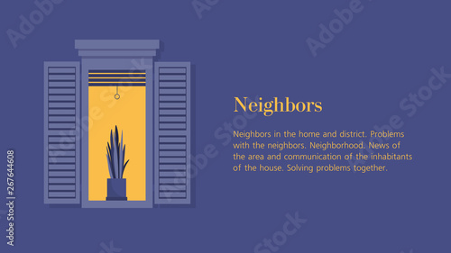 A potted plant stands in an open window. View of the facade of the house with the lights on at night. Neighborhood. Horizontal banner with text. Vector flat illustration