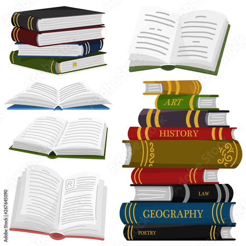 Stack of books for Lover of literature. Open Encyclopedias for reading. Inverted pages. Object in contemporary style. Vector illustration for posters.