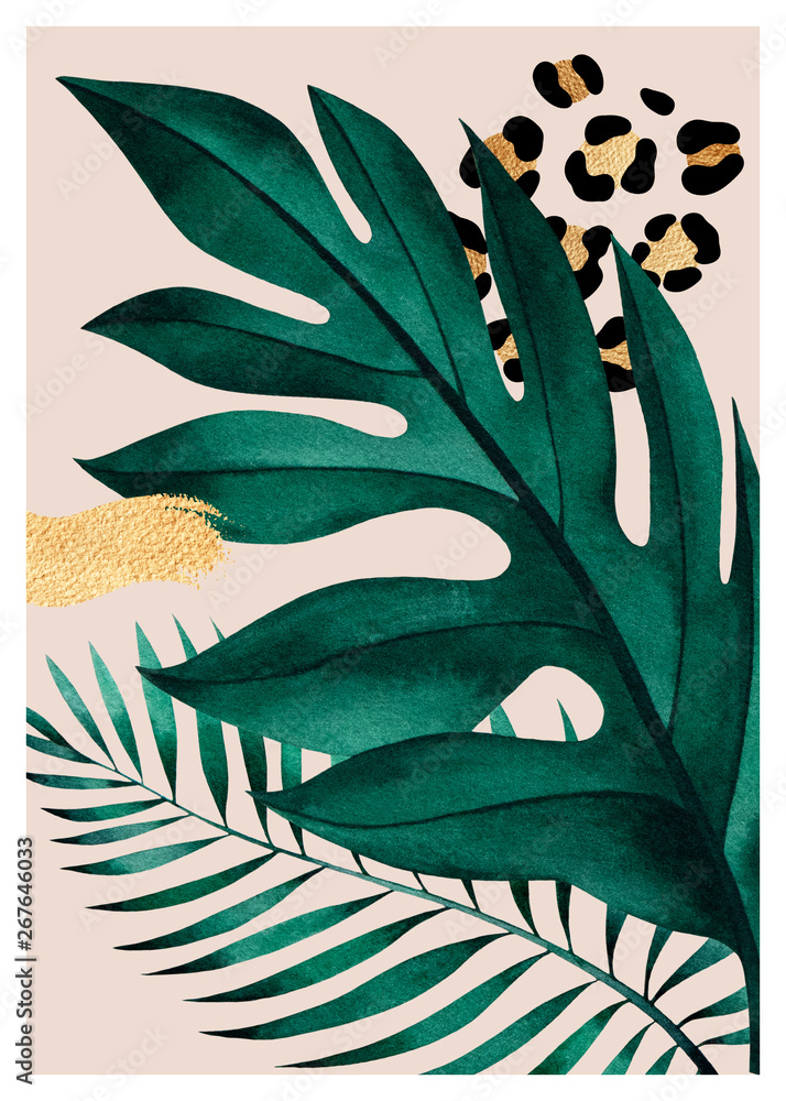 Fototapeta Abstract composition of tropical plants, golden outline, geometric figures and animal pattern.