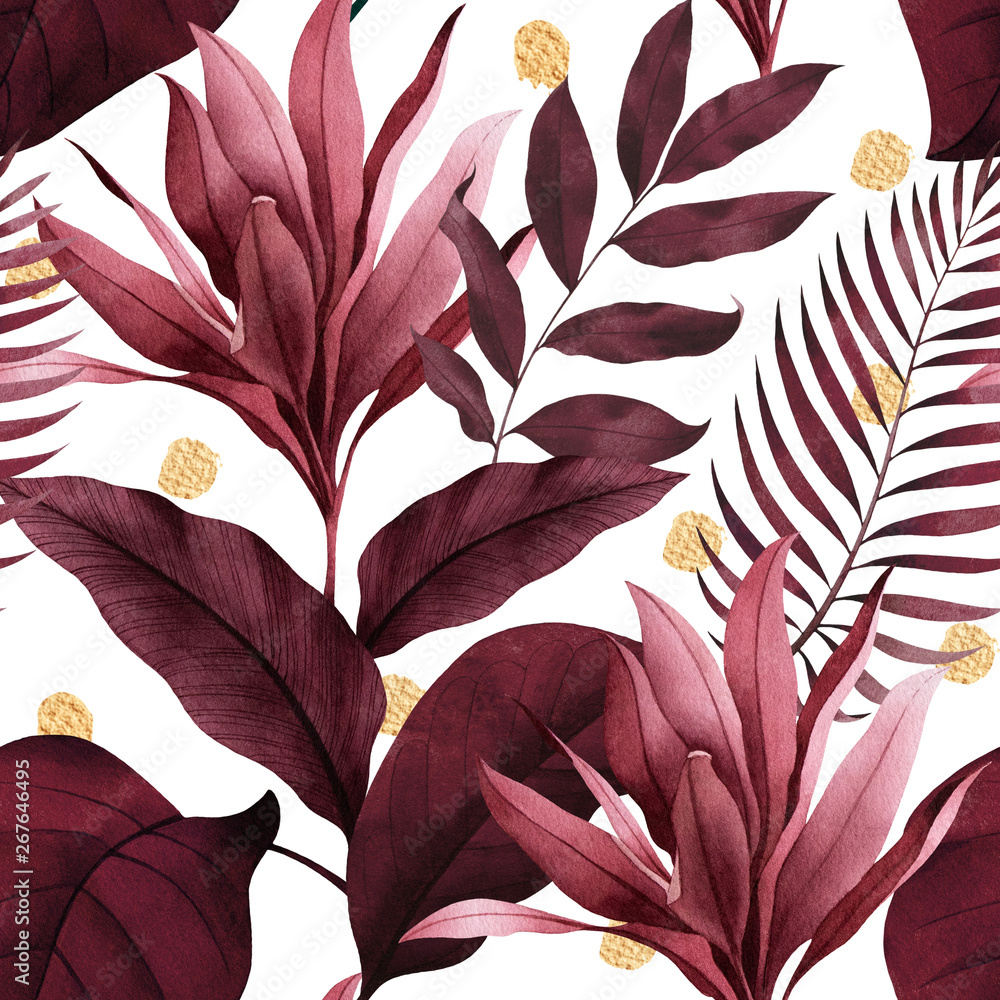 Tropical seamless pattern with plant leaves on white background. - obrazy, fototapety, plakaty 