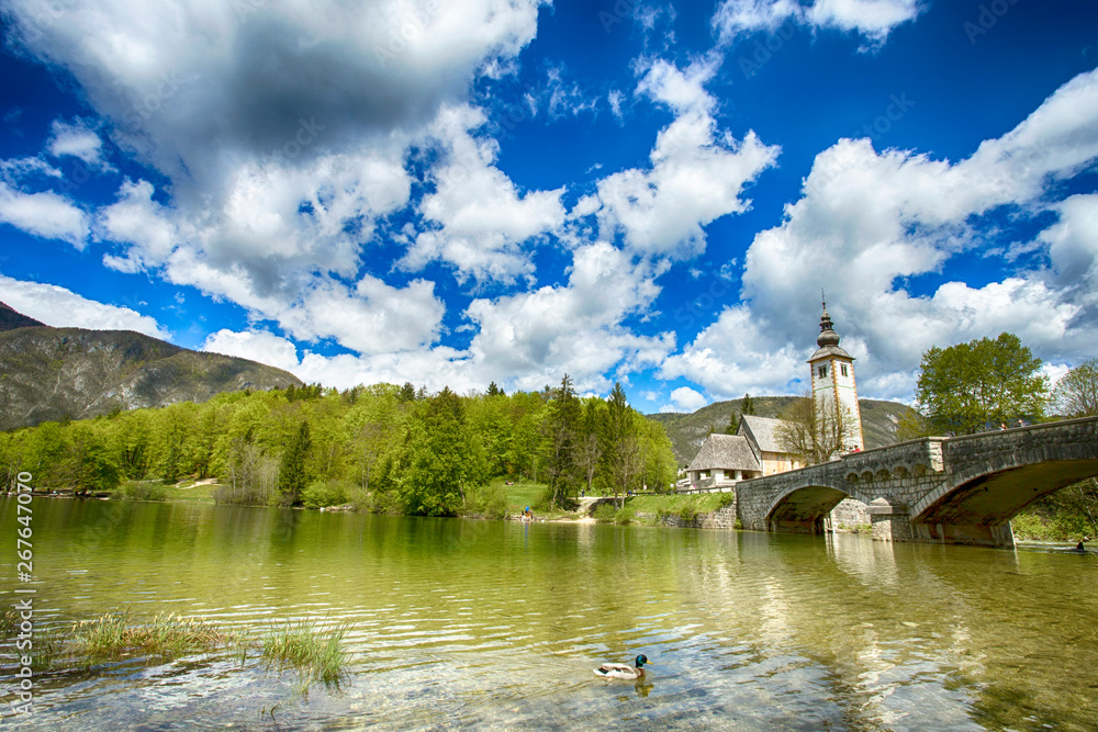 Ribcev laz, village on Bohinj lake in Slovenia, landscape, 