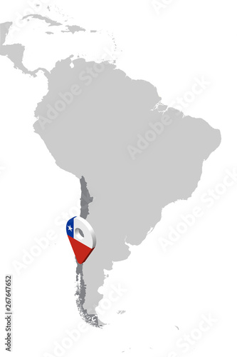Chile Location Map on map South America. 3d Chile flag map marker location pin. High quality map of Chile.  Vector illustration EPS10.