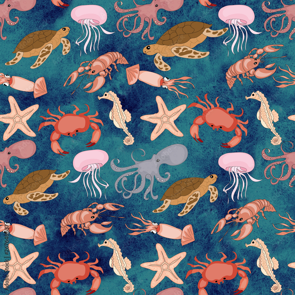 Nautical seamless pattern background with set of sea animals Nautical seamless pattern background with set of sea animals
