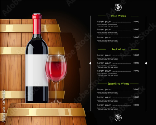 Wooden barrel with wine bottle and wineglass. Vessel for keeping alcohol drink. Beverage cellar. Oak cask capacities. Wine sampling. Isolated on white background. Eps10 vector illustration.