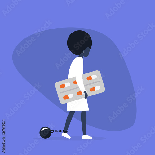 Young exhausted black female character wearing shackles and holding a blister of pills. Depression. Antidepressant. Addiction. Modern problems. Mental health / flat editable vector illustration