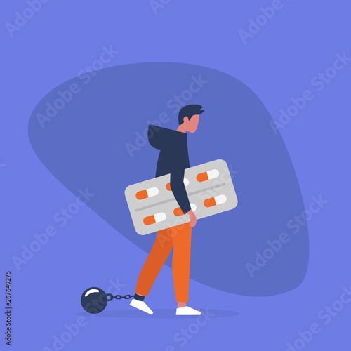 Young exhausted male character wearing shackles and holding a blister of pills. Depression. Antidepressant. Addiction. Modern problems. Mental health / flat editable vector illustration, clip art